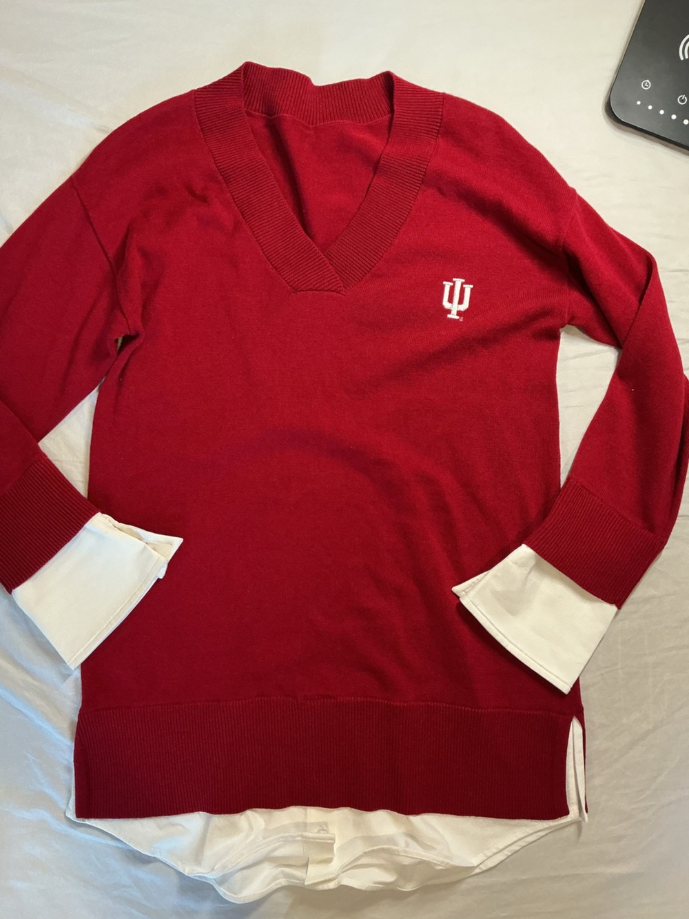 Women’s Crimson V-Neck Pullover Sweater with Embroidered Logo